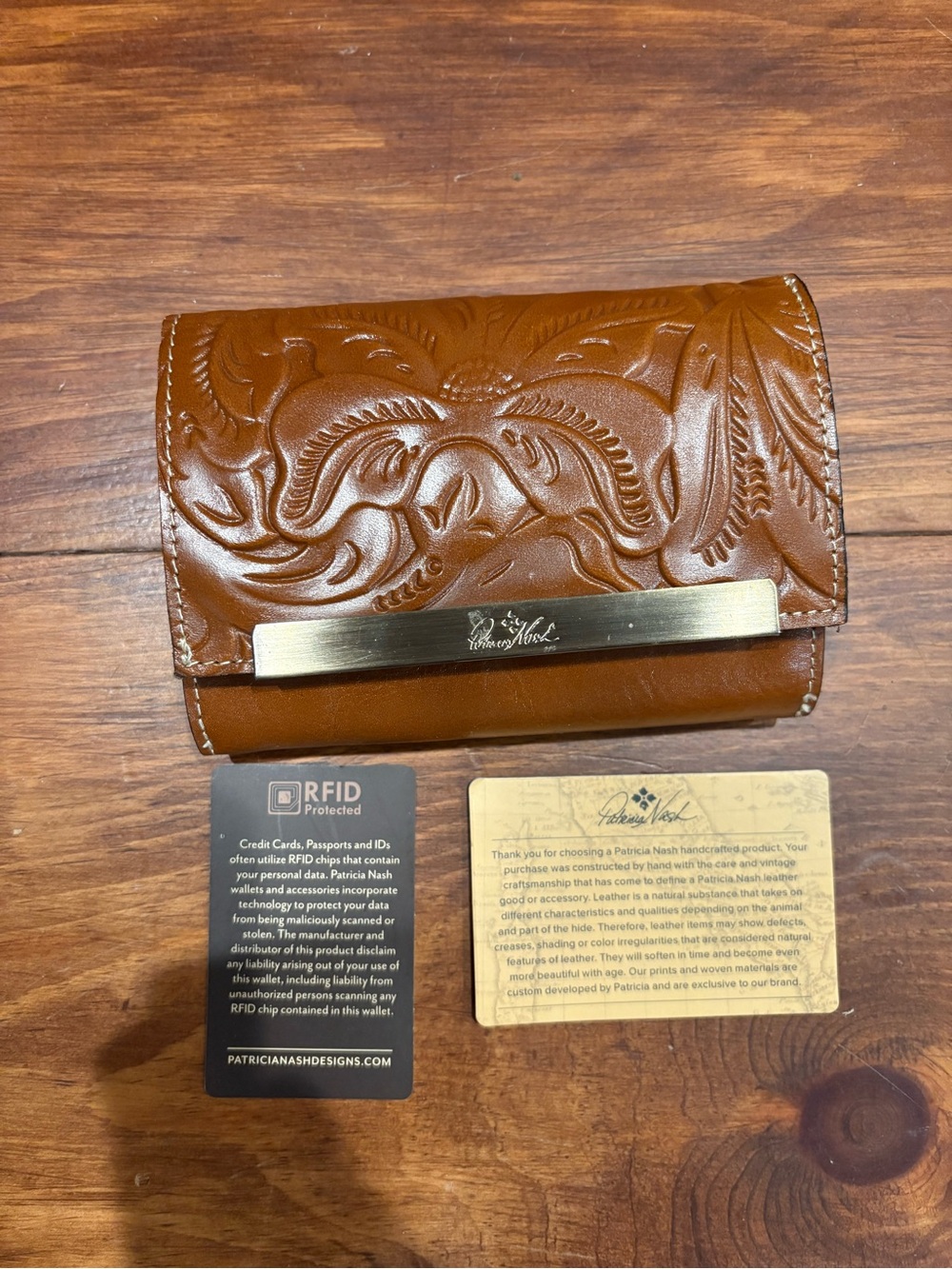 Patricia Nash Brand New Leather Trifold Wallet with Exterior Zip Pocket - Brown
